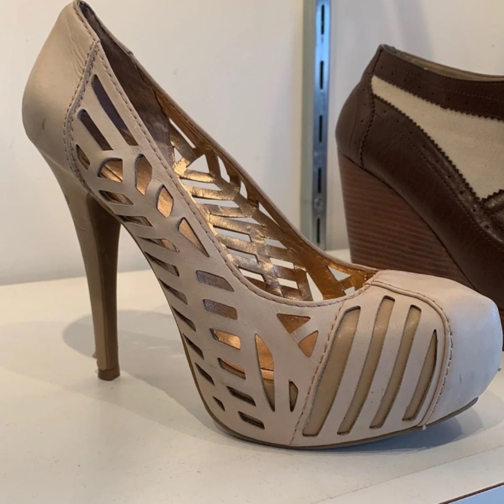 BCBG Nude Leather Platform Heels